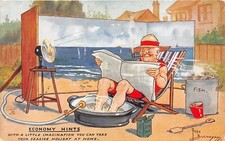 POSTCARD COMIC -  ECONOMIC HINTS  - SAESIDE HOLIDAY AT HOME - FRED BUCHANAN TUCK