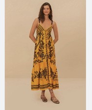 Farm Rio Golden Oasis Dress Yellow Beaded Straps Sz XS