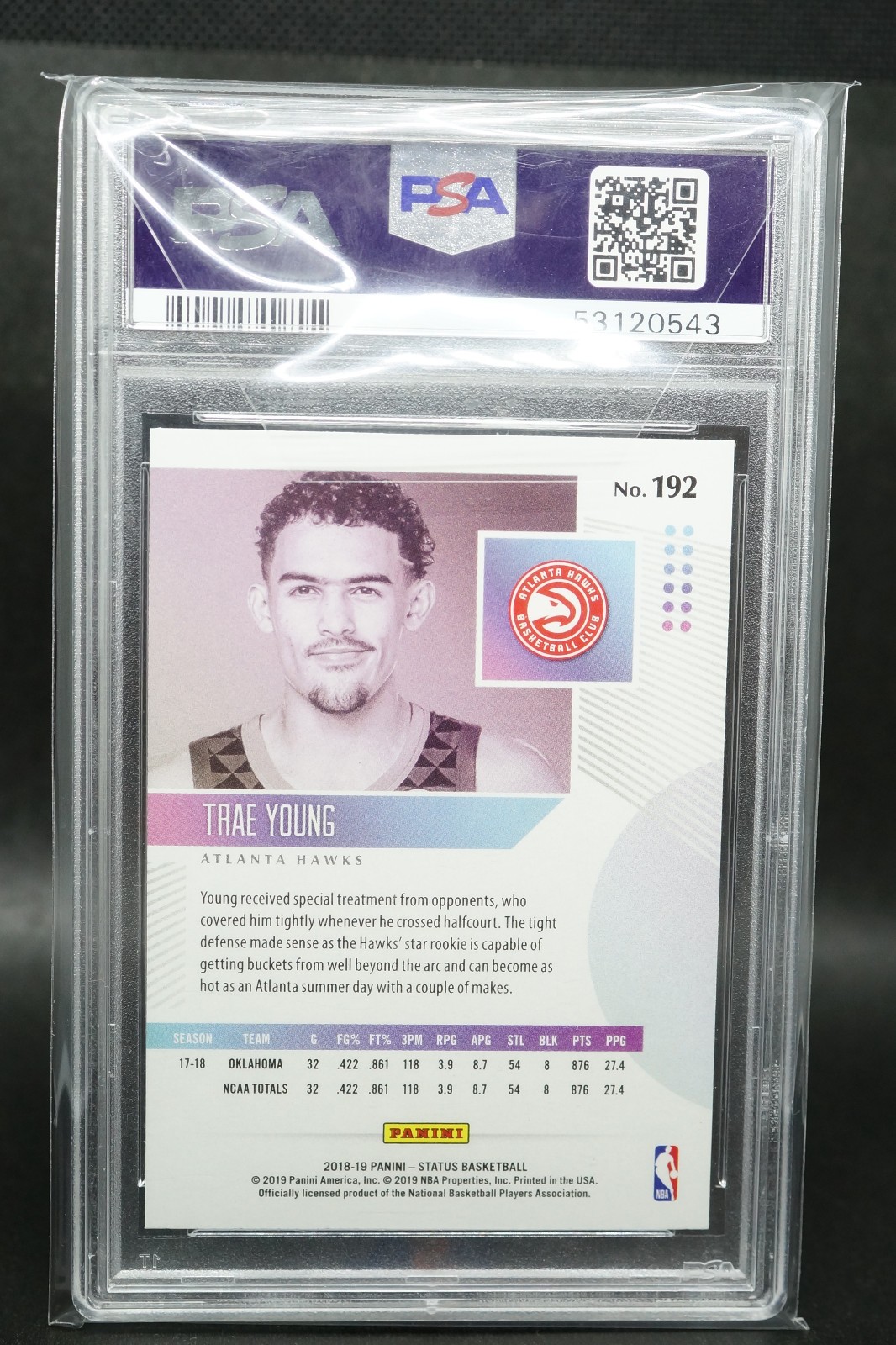 2018 NBA Panini Status PURPLE Trae Young Rookie #192 PSA 10 Hawks INVEST view 2