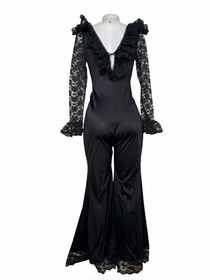 VTG 60s 70s Glydons Black Lace Bell Bottom Jumpsuit Goth Disco Wide Leg M
