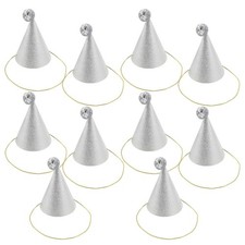 10Pcs Birthday Party Paper Hats Silver Kids Cone Hat with Pompom Decoration