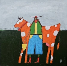 Painting Original Cowgirl Cow Portrait Canvas Outsider Whimsical 10x10 Art 