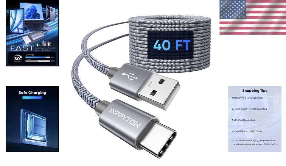 Durable 40ft USB-C Cable - Fast Charge for Phones & Tablets - Image 2 of 4