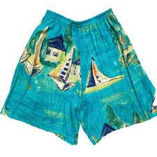 Nino Wong Women's Tropical Sailboat Elastic Waist Rayon Shorts Vintage L