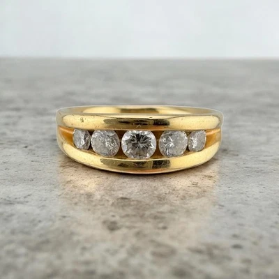 Vintage 14k Yellow Gold Men’s 5-Stone Diamond Band 0.90ctw Comfort Fit Size 9.75 - image 1 of 4