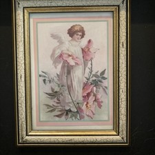 "Impresión de ángel infantil victoriano enmarcada vintage años 30 en mal estado 8,5"" X 6,5"""