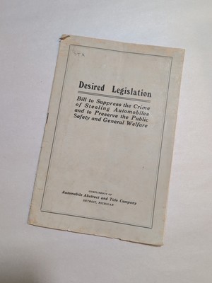 1919 Desired Legislation Bill to Suppress Crime Stealing Automobiles Booklet