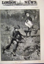 Original Old Antique Print 1887 Children Gathering Primroses Country Scene 19th