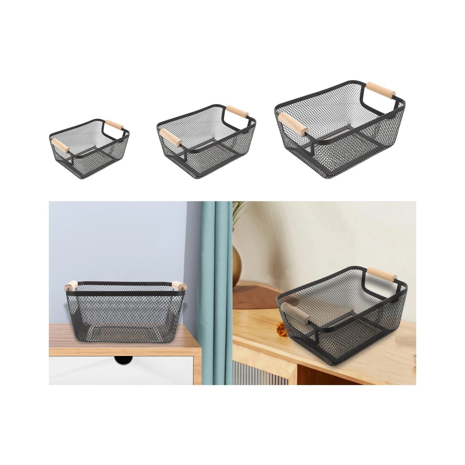 Metal Wire Bin Basket with Wooden Handle Vegetables Basket for Makeup Snack