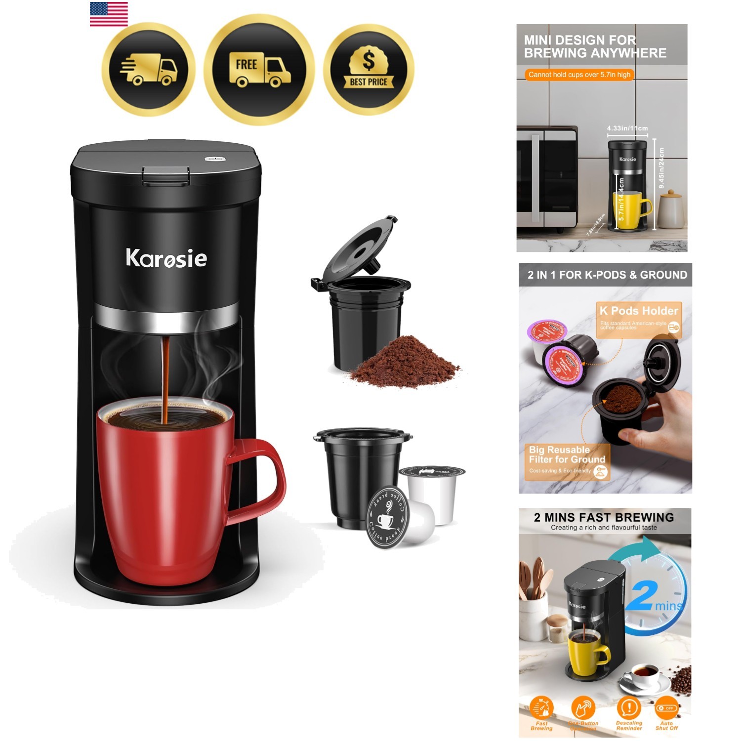 Small Single Serve Coffee Maker, Fast Brew for K-Cup & Groun