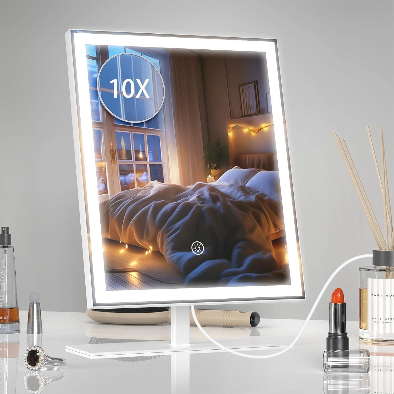 Miroir maquillage rechargeable avec éclairage ajustable et loupe 10X