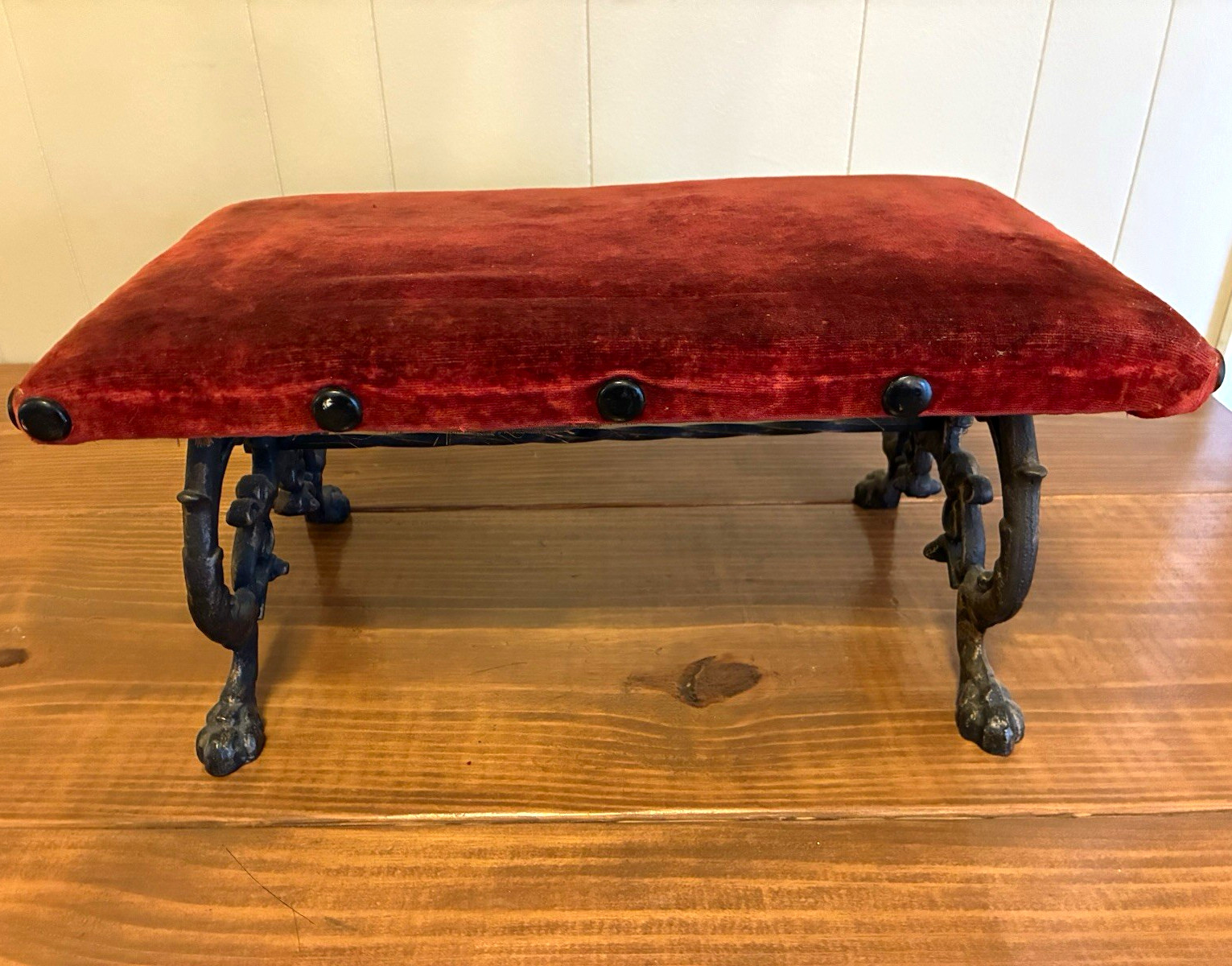 Red Velvet Upholstered Vanity Bench Stool w/ Ornate Metal Base 20x12x8"
