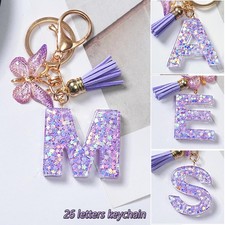 A-z Sequins Initial Letter Keychain Purple Butterfly Tassel Resin Keyring Women