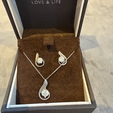 Ernest Jones  Lovers Knot Pendant & Earrings 925 Sterling Silver CZ 18” Chain