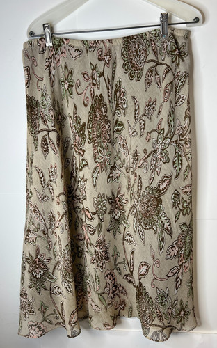Dressbarn Women's Size 16 Paisley Beige Brown Midi Skirt Lined Elastic Waist