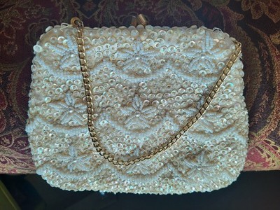 Vintage Small Off-white Beaded Evening Bag, GoldColor Chain, Few Loose Strings