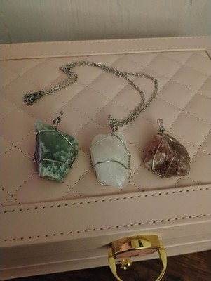 Rough Cut Strawberry Quartz, Green Aventurine, White Quartz Pendant 