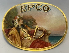 Epco Cigar Box Lapel, Gold Harp, Beautiful Lady, Vintage Ephemera