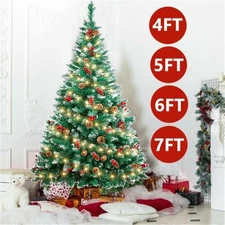 5/6/7ft Snow Flocked Artificial Christmas Tree w/ Lights Pine Cones Red Berries