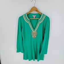 Lilly Pulitzer Green Gold Embroidered Tunic Top Size M Coastal Preppy Resortwear