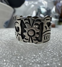 925 Sterling Silver Vintage CET Mexico Taxco Tribal Symbol Wide Band Ring 11.5