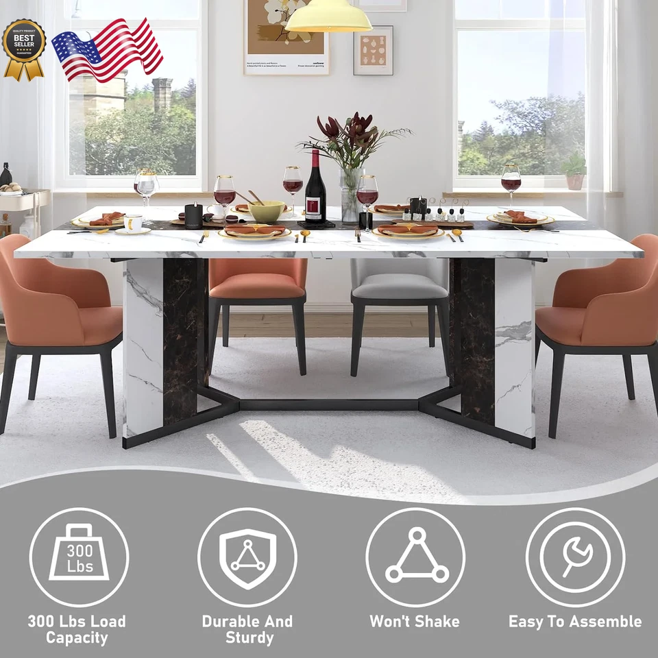 Mesa de comedor rectangular grande de 71 pulgadas para 6-8 personas mesa de comedor con mármol Foto 2 de 4