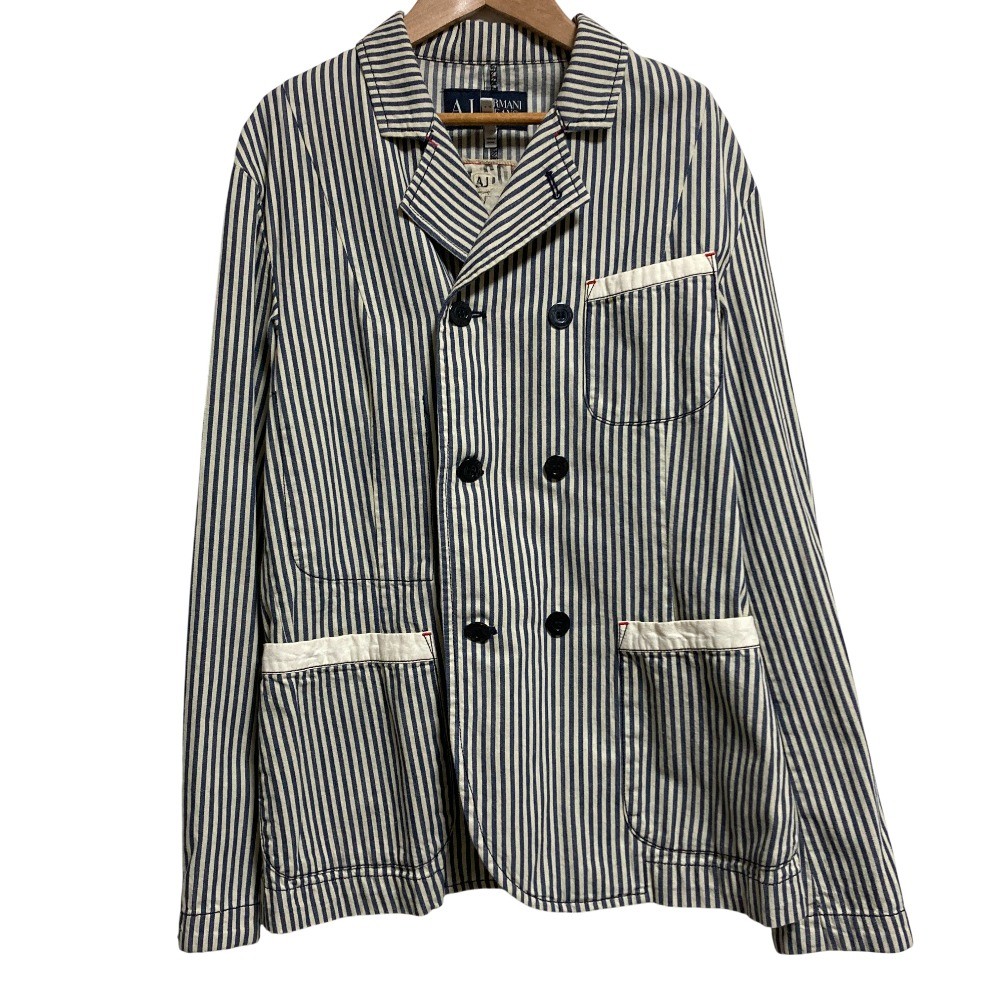 ARMANI JEANS Hickory Stripe P-Coat Jacket Size 48 White Blue mens