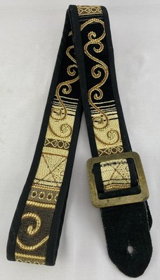 Handmade Artisan Gold  Linen Guitar Strap One Of A Kind Embroidered Patterns