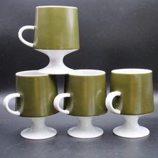 Pedestal Mugs, Four (4), Retro Olive Green over White, Tulip Style Base