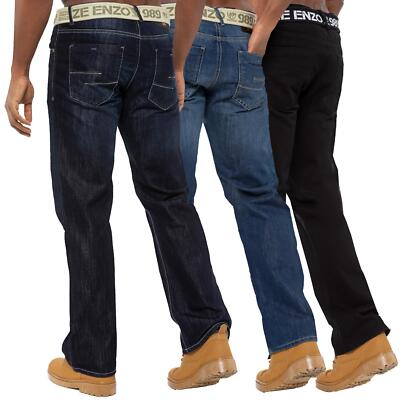 Enzo Mens Straight Leg Jeans Heavy Denim Belted Work Trousers Pants UK Sizes