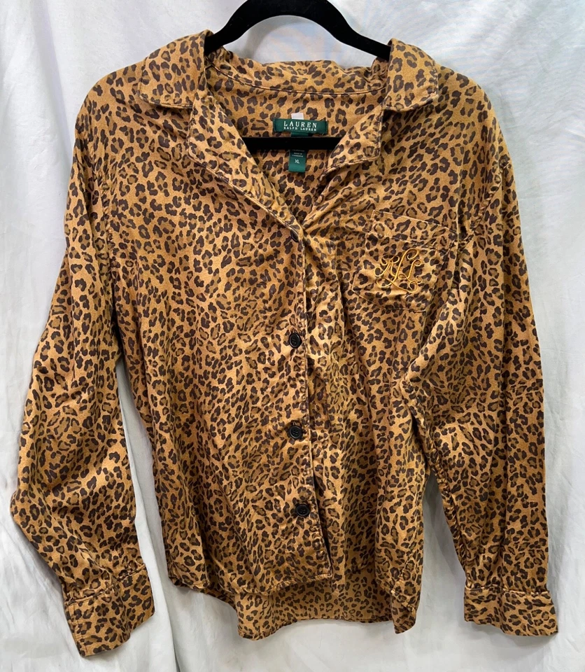 Blusa Vintage Ralph Lauren LEOPARDO Camisa Abotonada Top Talla L