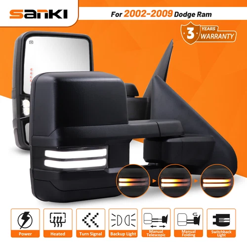 Tow Mirrors For 2002-2009 Dodge Ram Power Heated W/ LED Switchback Light Smoked