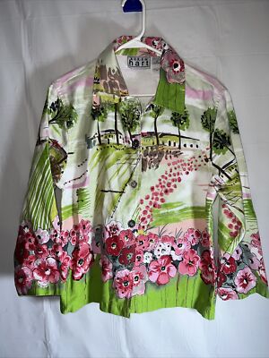 Keren Hart Jacket Woman s Size Medium White Green Pink Floral Scene Denim Art