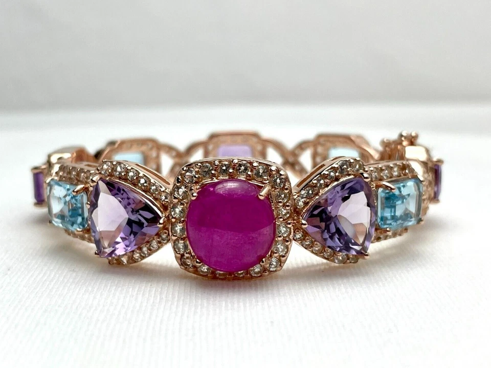 Pink Ruby, Amethyst, Blue Topaz, Bowtie Rose Gold Plated Sterling Silver Bangle - Image 3 of 4