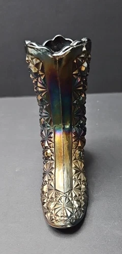 Vintage Fenton Black Amethyst Carnival Glass Boot Shoe Daisy Button 4" x 4"