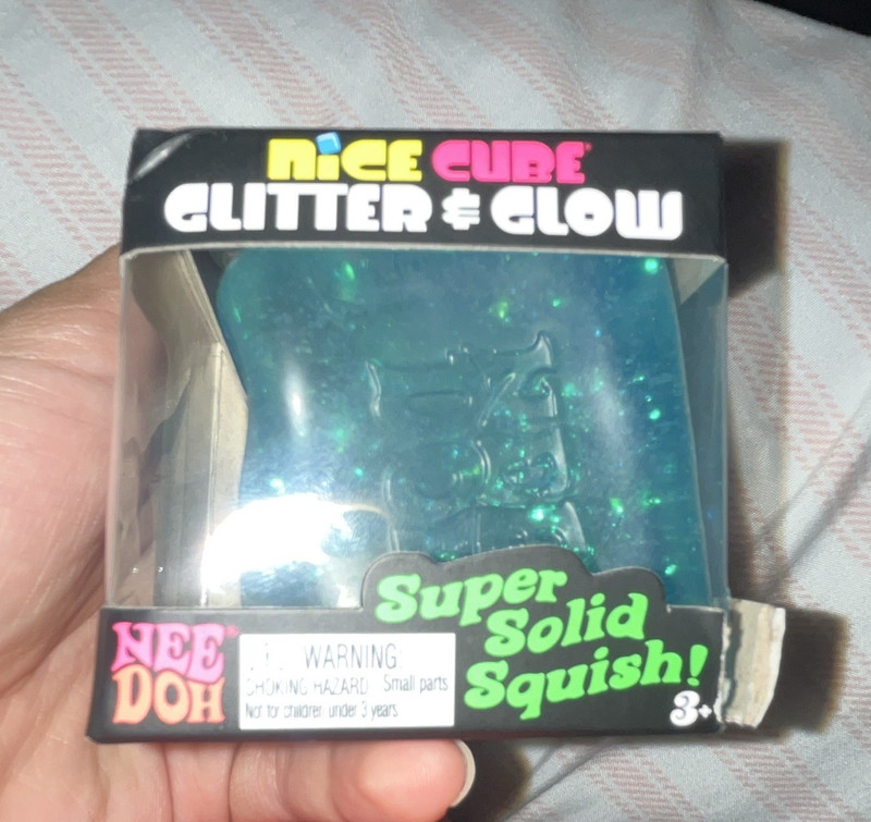 NeeDoh Nice Cube Glitter & Glow Super Solid Squish Squeeze Toy Blue Green