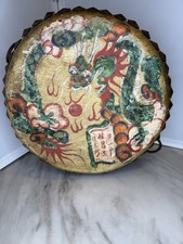 Antique Chinese Hand Painted Tacked Leather Taiko Drum, Dragon