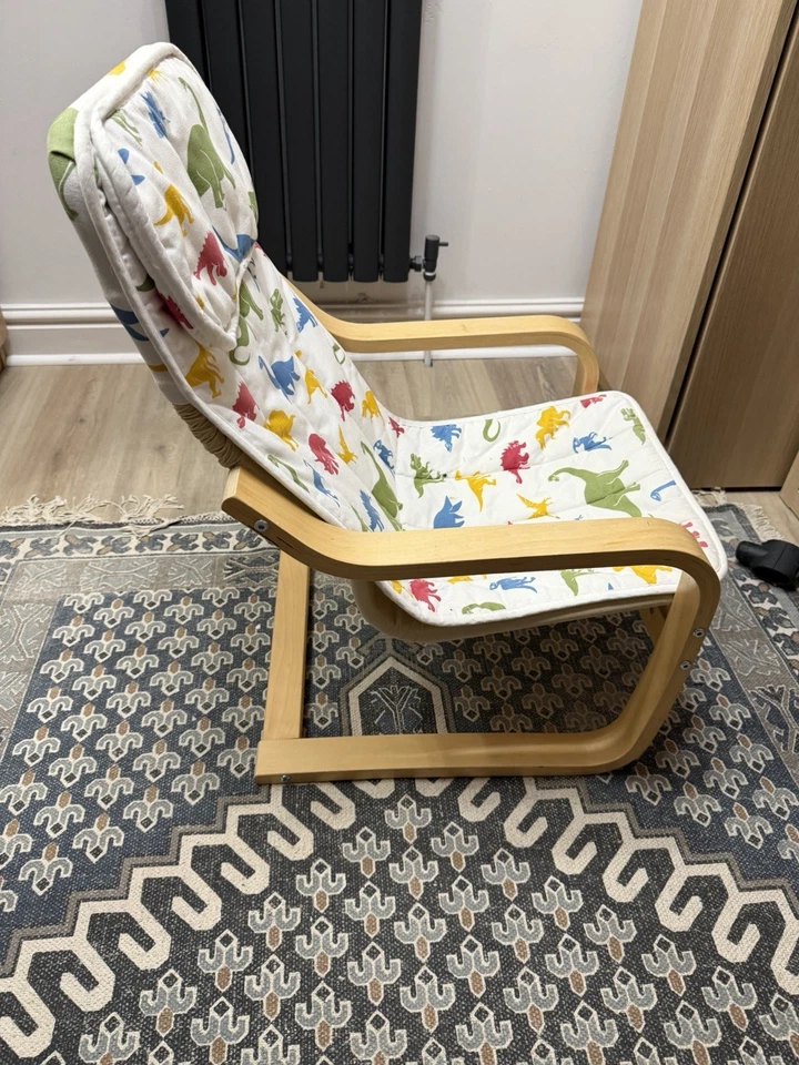 IKEA POÄNG Armchair Dinosaur Cushion Multicolour, Wood Beige Frame, photo 2 of 5