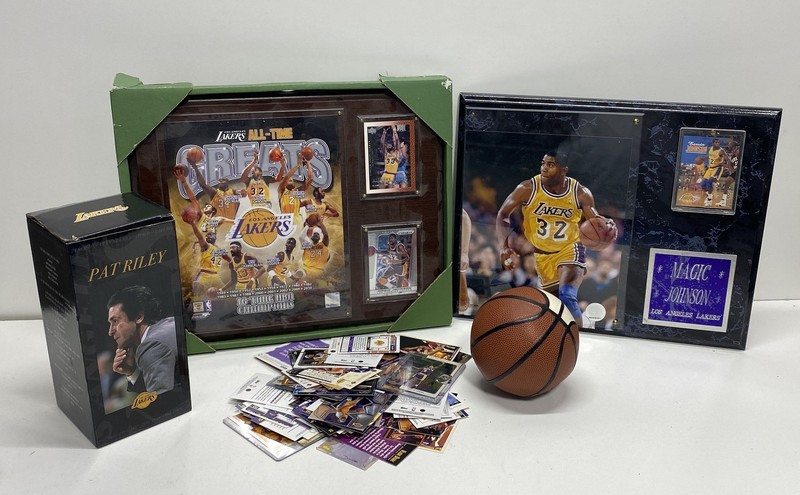 NBA Los Angeles Lakers Memorabilia Lot Pat Riley Statue Magic Johnson Cards