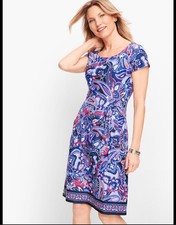 Talbots Size XL Faux Wrap Jersey Shift Dress Blue Pink Paisley Southern Preppy