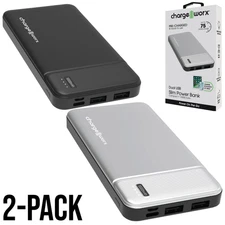 2 x Chargeworx™ 10,000mAh Dual USB ULTRA-SLIM Power Banks (Black/Silver, 5V/2A)