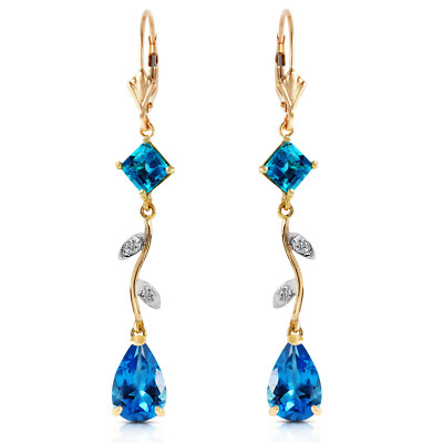 14K. GOLD CHANDELIERS EARRING W/ DIAMONDS & BLUE TOPAZ (Yellow Gold)