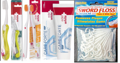 Original edel+white Zahnpflege Set   4 Zahnbürsten + Zahnpasta + Zahnseide