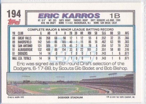 Tarjeta coleccionable de béisbol M) 1992 Topps - Eric Karros #194 - Imagen 2 de 2