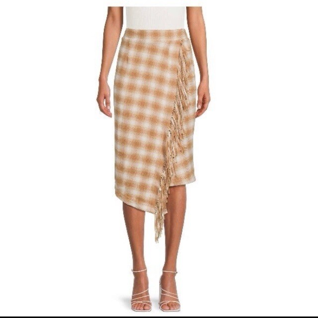 NEW Time and Tru Women’s Fringed Faux Wrap Skirt Tan White Plaid Size XL  16-18