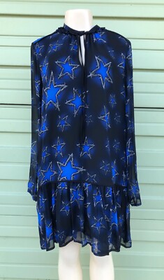 NWT JUST CAVALLI Black Blue Stars barbwire V neck long sleeve dress size 44 