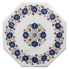 Octagon Marble Coffee Table Top Lapis Lazuli Gemstone Inlay Work Sofa Side Table