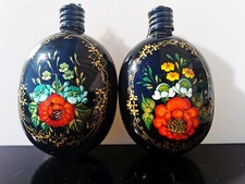 Pair of Vintage Metal Flask Russian Khokhloma Flowers Hand Painted USSR Rare