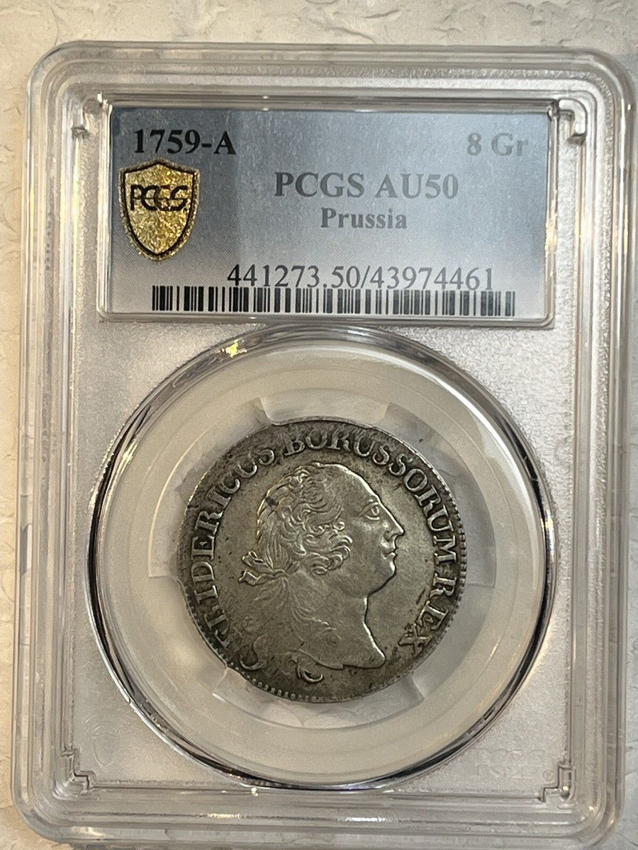 Prussia 1759 A Silver 8 Groschen AU50 PCGS Certified Highest