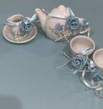 Miniature Vintage White and Blue Tea set Pot Causer Milk pourer and 2 Tea Cups